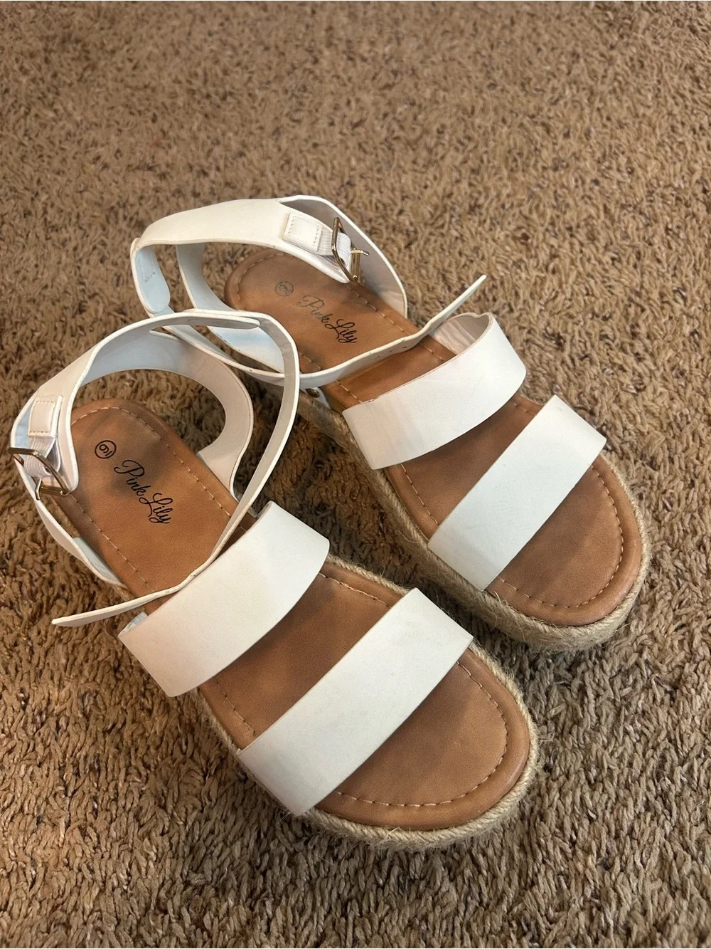 Pink Lily White Espadrille Platform Sandals with Buckle Straps